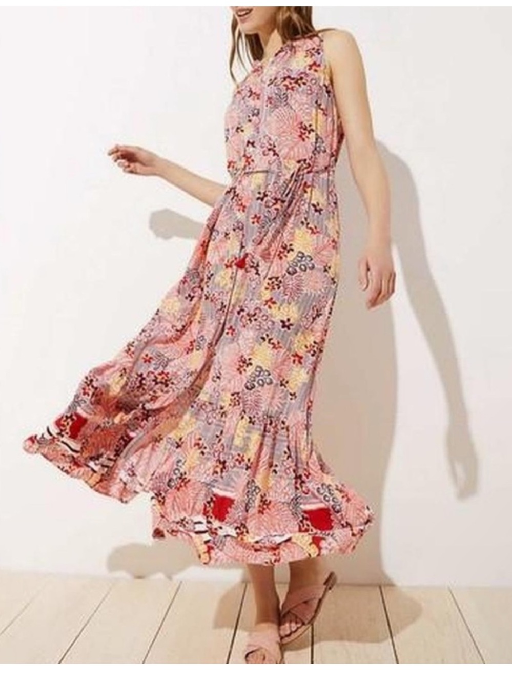 LOFT Beach Tequila Sunrise Maxi Dress Size Large Botton Close Tassel Tie Waist